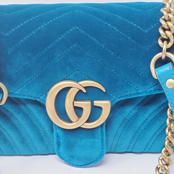 Gucci Small Marmont Velvet Chevron Teal Crossbody - Picture 8 of 12
